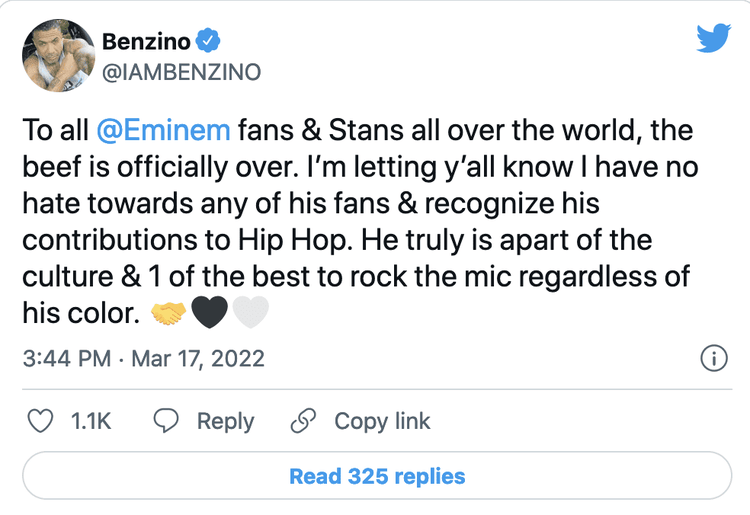 Benzino's tweet on Eminem.