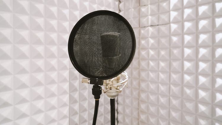 microphone on mic stand in soundproof isolation booth for vocal recording at sound studio