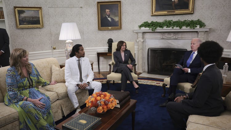 Tennessee state Rep. Gloria Johnson, state Rep. Justin Jones, U.S. Vice President Kamala Harris, U.S. President Joe Biden and state Rep. Justin Pearson