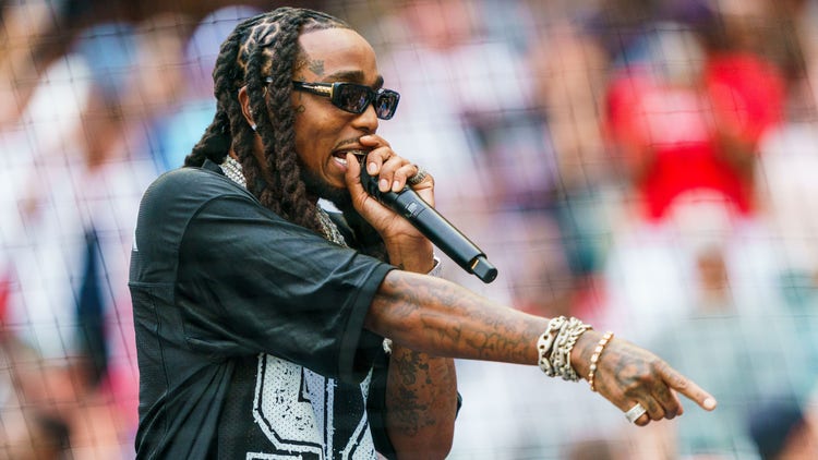 Atlanta-based rapper Quavo performs before the game between the Atlanta Braves and the New York Yankees at Truist Park on August 15, 2023 in Atlanta, Georgia