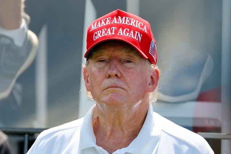 Former President Donald J. Trump at the first tee during the final round of LIV Golf Bedminster on August 13, 2023 at Trump National Golf Club in Bedminster, New Jersey.