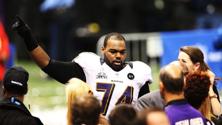 Michael Oher #74 of the Baltimore Ravens celebrates after the Ravens won 34-31 against the San Francisco 49ers during Super Bowl XLVII at the Mercedes-Benz Superdome on February 3, 2013 in New Orleans, Louisiana.