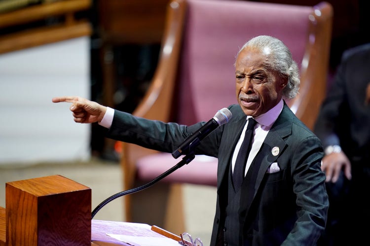 Rev. Al Sharpton delivers the eulogy during the funeral service for Tyre Nichols at Mississippi Boulevard Christian Church on February 1, 2023 in Memphis, Tennessee.