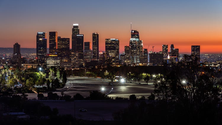 This high angle twilight view from Elysian Park looks out toward the Downtown Los Angeles skyline.