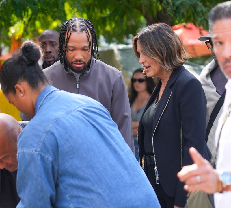 Jalen Brunson and Mariska Hargitay are seen on the set of "Law & Order: SVU" on September 16, 2026 in New York City